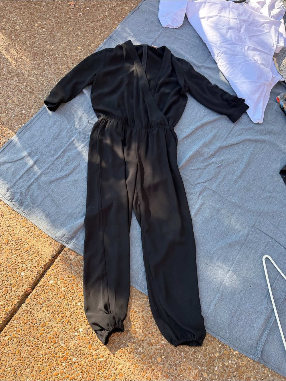 CAbi Black V-Neck Long Sleeve Jumpsuit with Elastic Waist and Gathered Cuffs